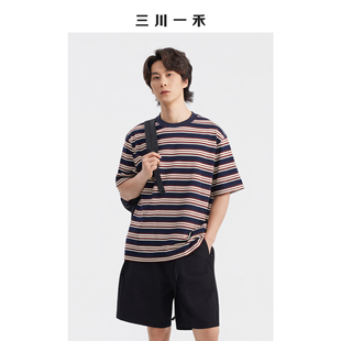 三川一禾撞色圆领时尚男士夏季条纹宽松百搭短袖T恤上衣