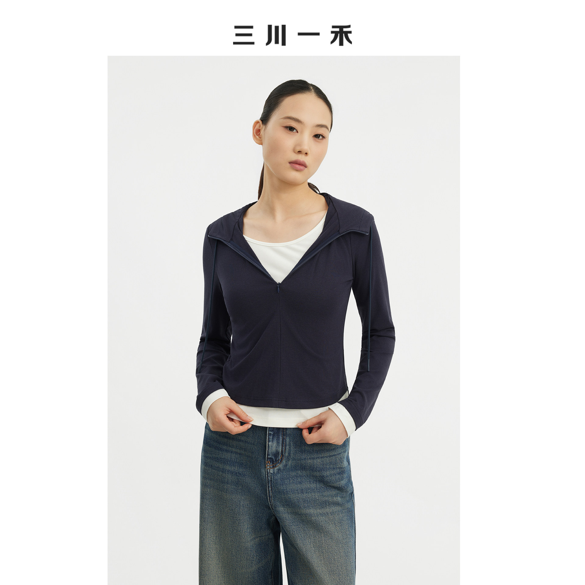 秋季时尚连帽通勤撞色假两件上衣