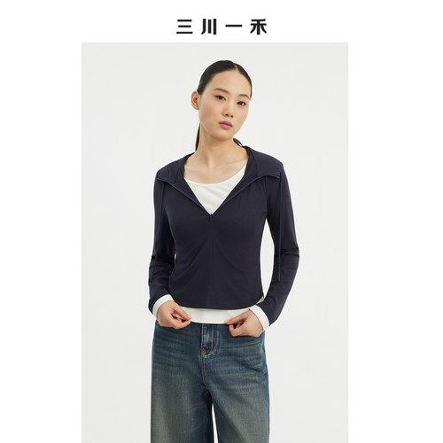 秋季时尚连帽通勤撞色假两件上衣
