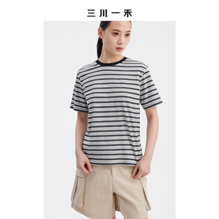 三川一禾撞色圆领女士夏季条纹立体标基础款时尚短袖T恤