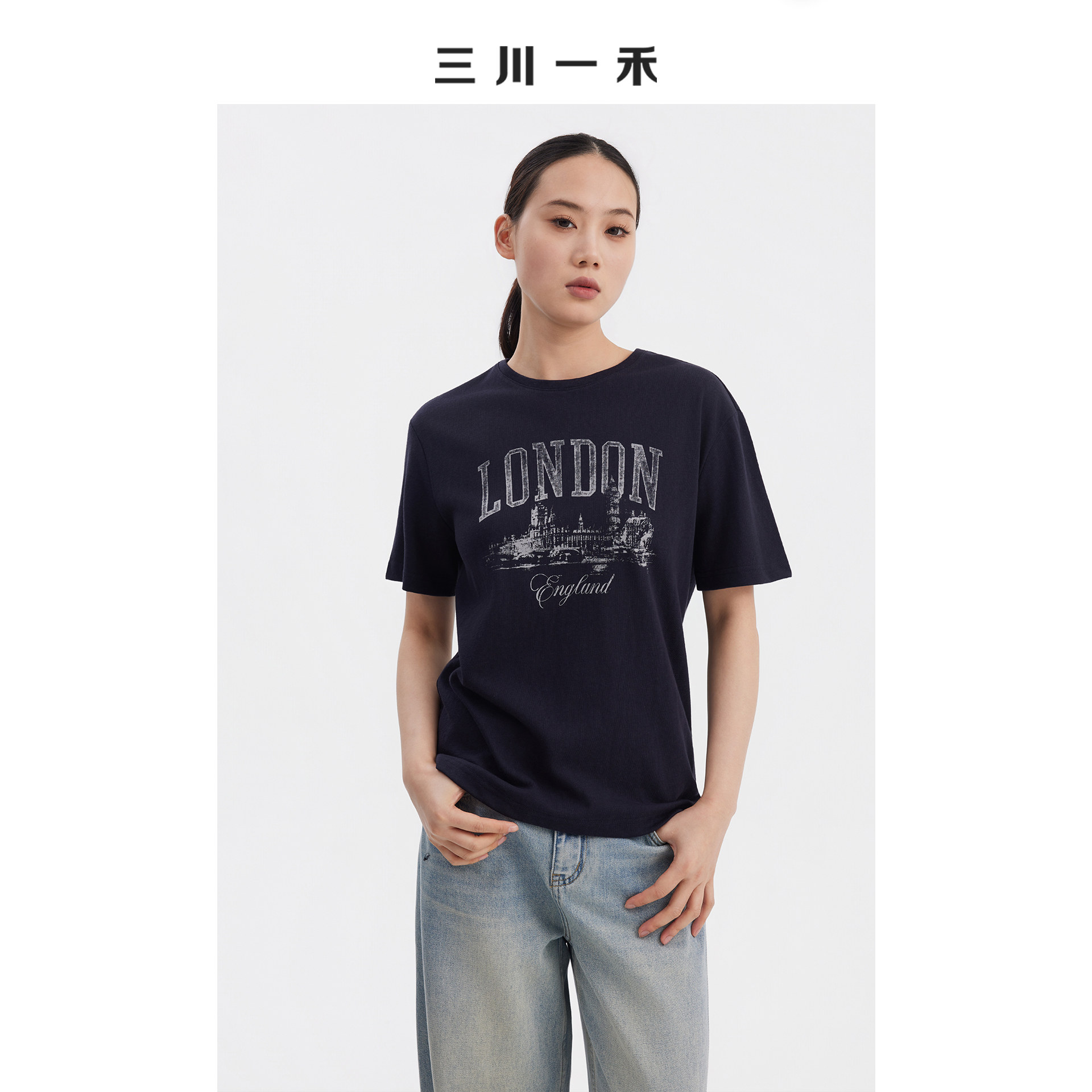 三川一禾美式复古女士夏季圆领印花宽松休闲短袖T恤上衣