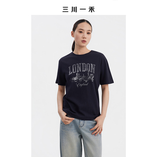 三川一禾美式复古女士夏季圆领印花宽松休闲短袖T恤上衣