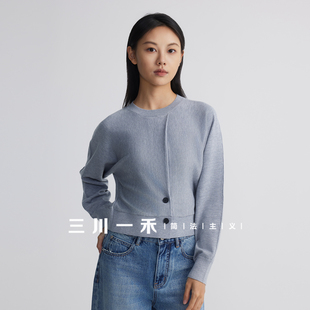 三川一禾女士斜襟双扣时尚毛衣秋季宽松圆领针织衫休闲毛衣外套