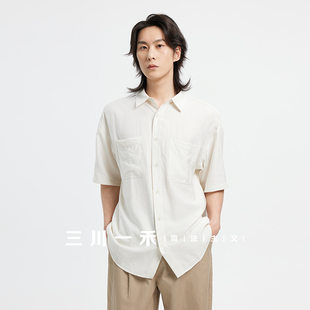 三川一禾男士斜纹刺绣休闲翻领短袖衬衫夏季透气舒适简约百搭上衣