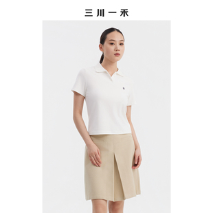 三川一禾学院风女士夏季显瘦百搭刺绣正肩POLO短袖T恤
