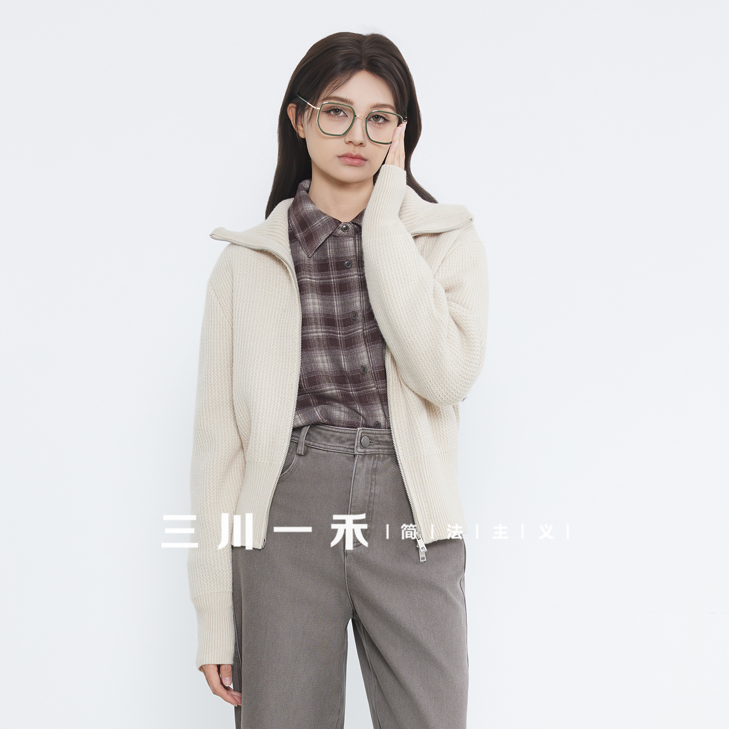 三川一禾女士双拉链翻领针织开衫