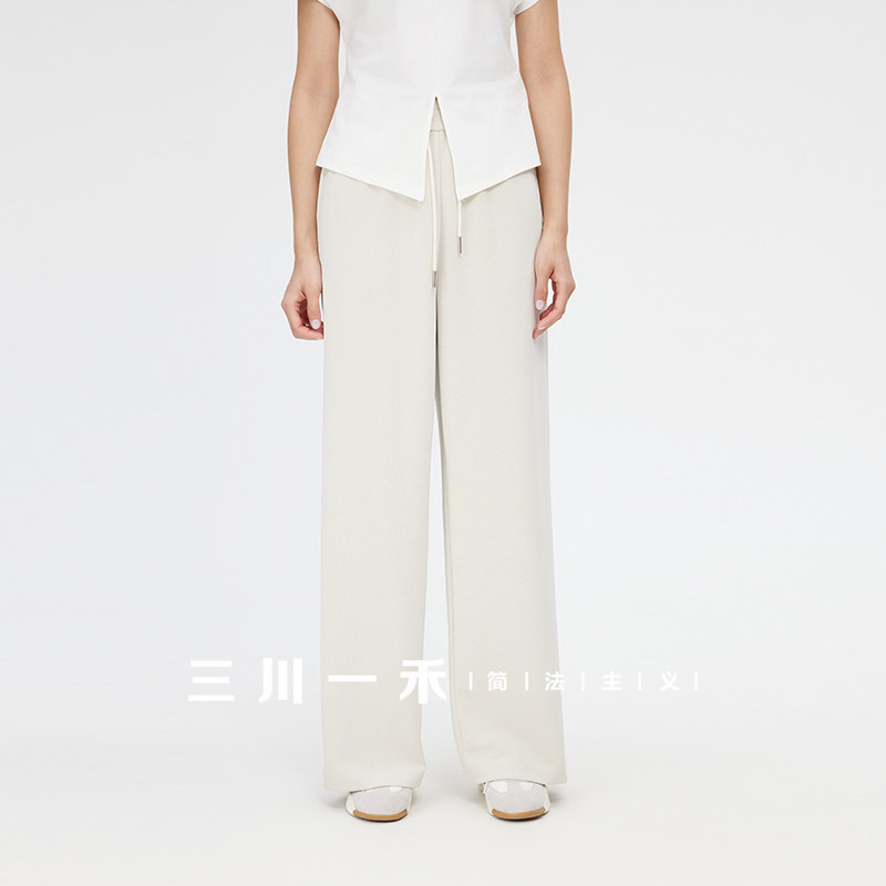 三川一禾女士休闲阔腿针织裤抽绳松紧腰夏季宽松时尚垂感直筒长裤 - 三川一禾出品