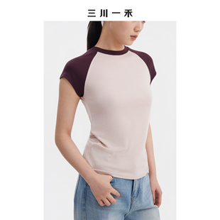 三川一禾微宽松女士夏季圆领插肩袖休闲百搭撞色T恤上衣