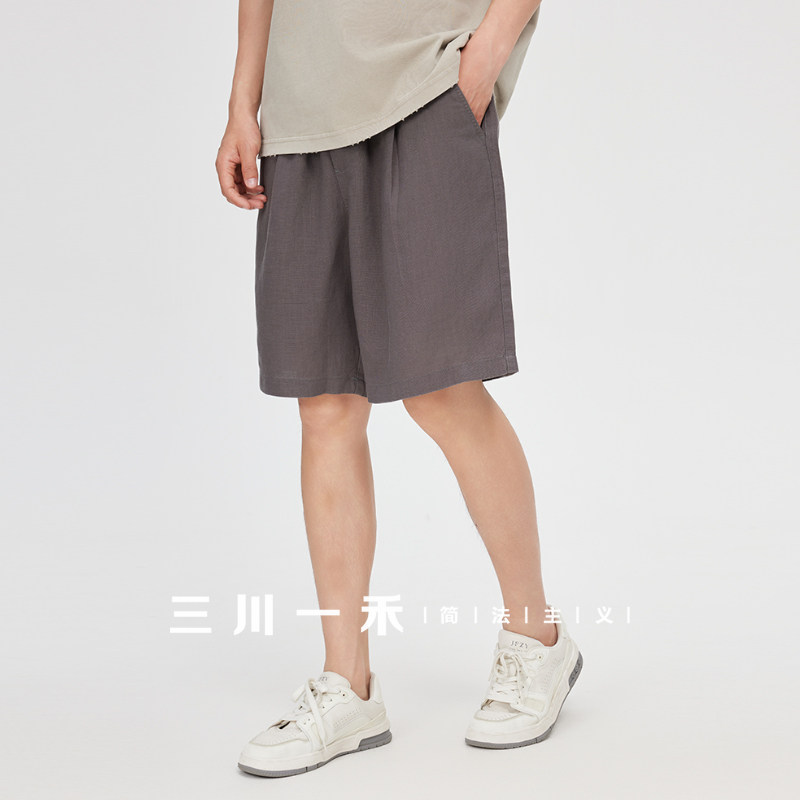 三川一禾男士单袋棉麻短裤时尚双褶直筒裤夏季宽松天丝休闲阔腿裤,男装,短裤,淘宝优惠券,粉丝福利购,淘宝优惠卷