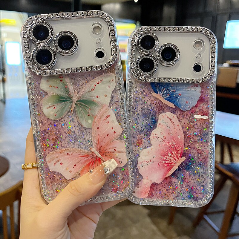 适用苹果系列iPhone17新款手机壳14pro16promax小众侧面蓝粉蝴蝶13pro15promax扭边钻框闪钻镜头膜网红保护套