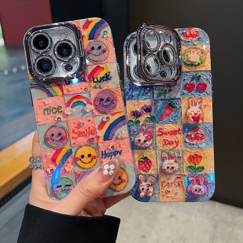 适用苹果系列iPhone16新款手机壳15pro14promax可爱油画兔子花朵13pro16promax银灰色闪粉镜头支架网红保护套