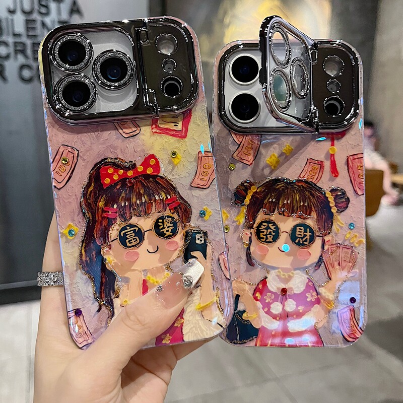 适用苹果系列iPhone17新款手机壳16promax14promax小众发财女孩13promax15promax枪色精孔镜头支架网红保护套