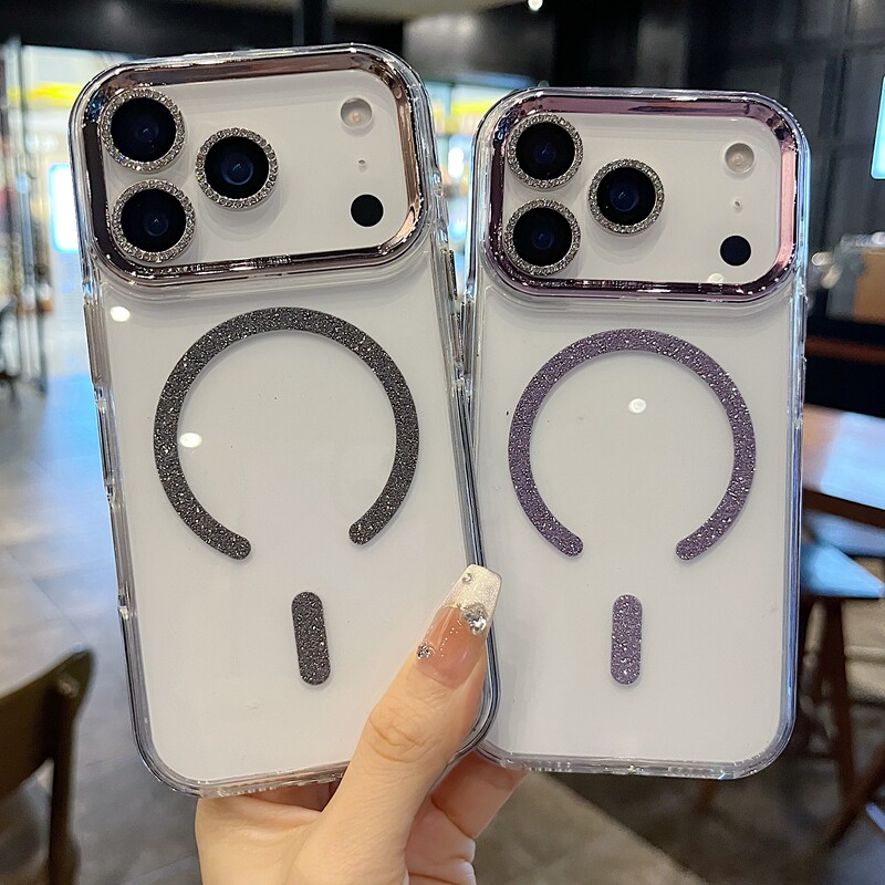 适用苹果系列iPhone17新款手机壳15promax14promax紫色闪粉边框磁吸13promax16promax半包大孔透气网红保护套