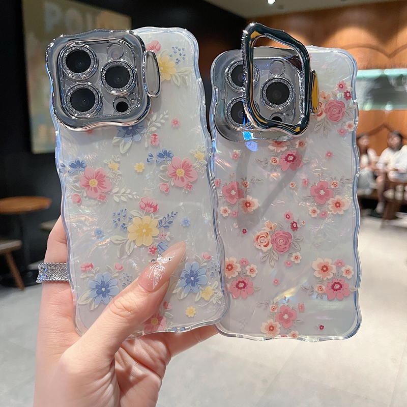 适用苹果系列iPhone16新款手机壳15pro14promax夏日小清新蓝黄花朵13/16promax全包隐形支架镜头膜网红保护套