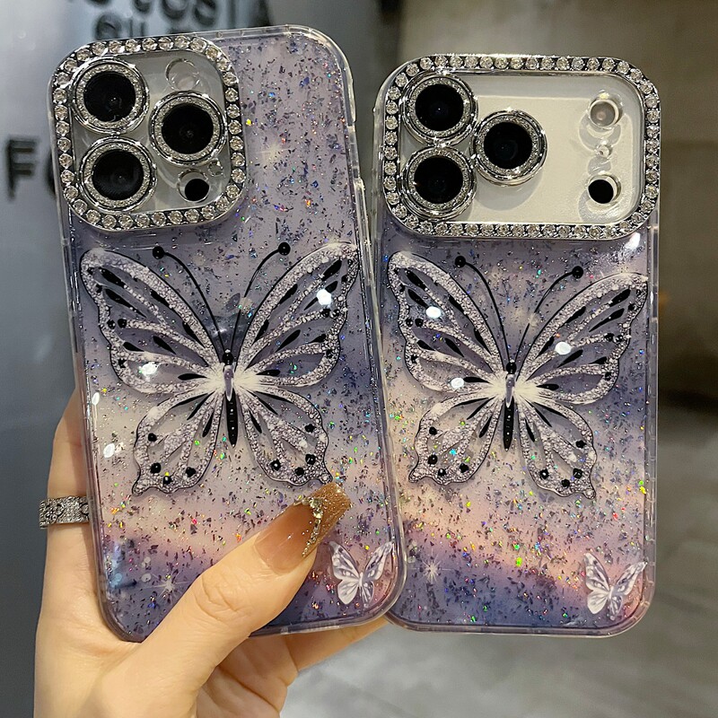 适用苹果系列iPhone17新款手机壳14pro/15promax时尚极光梦蝶13pro/16promax全包满钻精孔镜框网红女款保护套