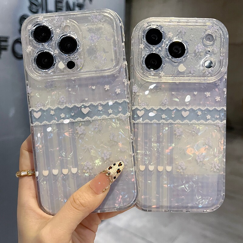 适用苹果系列iPhone17新款手机壳13pro/16promax时尚紫色彩贝拼格15pro/14promax全包闪粉花朵镜框网红保护套