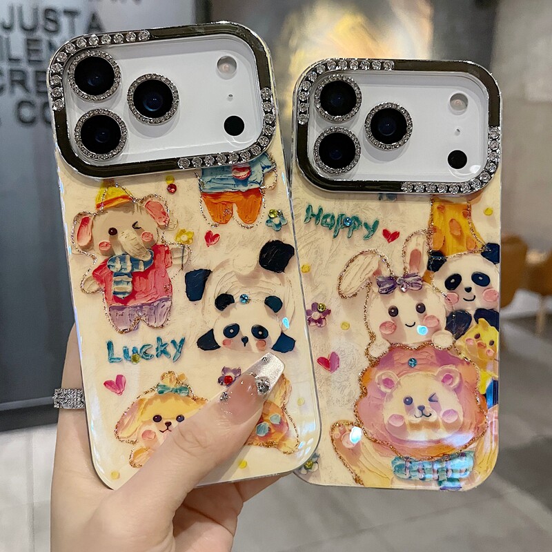适用苹果系列iPhone17新款手机壳15promax14promax可爱卡通Happy獅子13pro/16promax半钻大孔透气ins风保护套