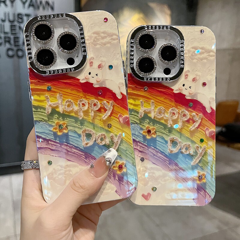 适用苹果系列iPhone17新款手机壳16pro14promax个性可爱彩虹Happy day兔子15promax闪砖电镀镜头膜网红保护套