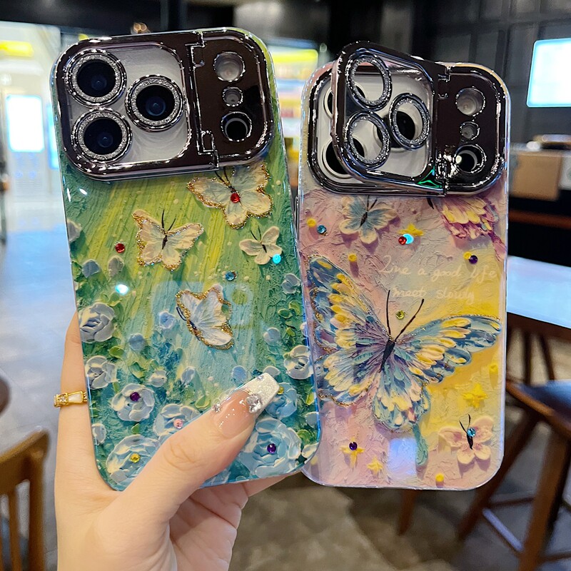 适用苹果系列iPhone17新款手机壳16promax14promax时尚渐变紫蝴蝶15pro/13promax枪色精孔镜框支架网红保护套