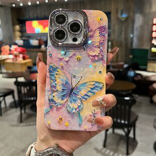 适用苹果系列iPhone16新款手机壳13pro16promax梦幻渐变紫色蝴蝶14pro15promax银灰色闪粉镜头支架网红保护套