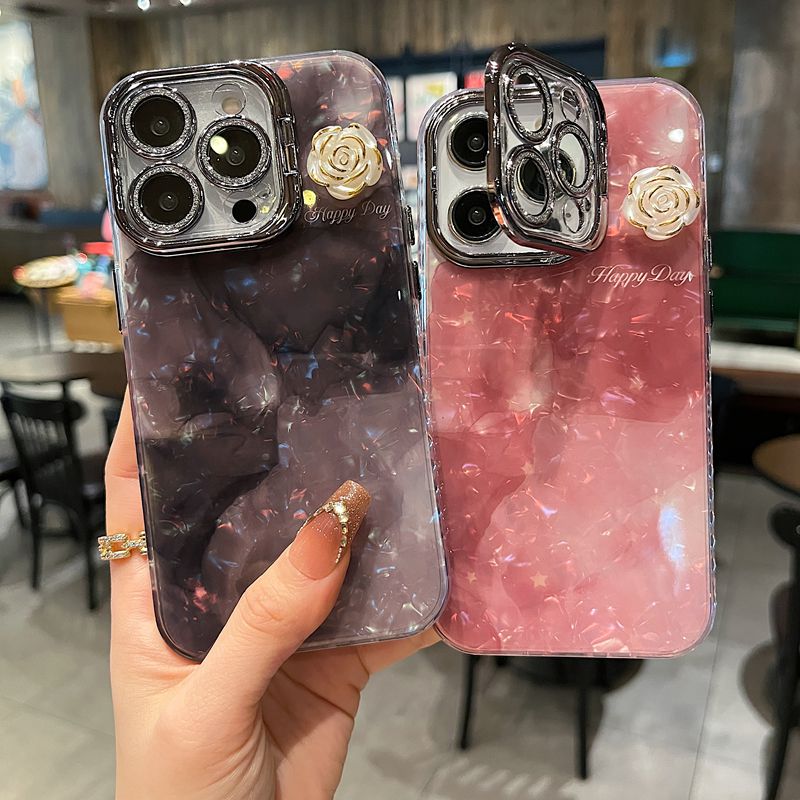 适用苹果系列iPhone16新款手机壳15pro14promax高级贝壳纹晕染山茶花13pro16promax银灰色闪粉镜头支架保护套