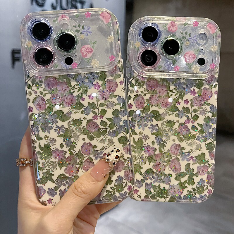 适用苹果系列iPhone17新款手机壳14promax16promax唯美暴闪花朵15promax13promax全包闪粉花朵镜框网红保护套