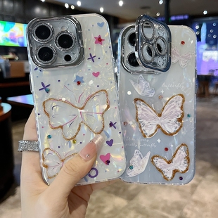 手机壳15pro14pro时尚 适用苹果系列iPhone16新款 ins精美点钻蝴蝶13pro16promax银灰色闪粉镜头支架网红保护套