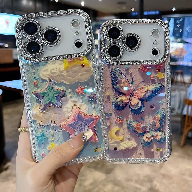 适用苹果系列iPhone17新款手机壳15pro16promax时尚七彩云朵蝴蝶13pro14promax扭边钻框闪钻镜头膜网红保护套