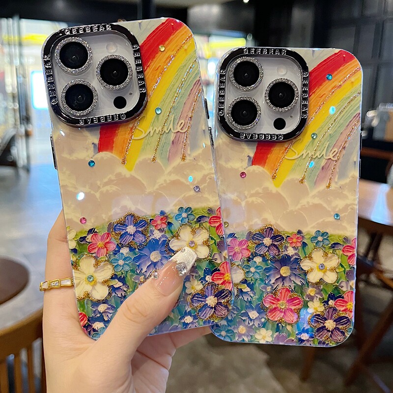 适用苹果系列iPhone17新款手机壳16promax/14pro唯美风彩虹油画花海13pro/15promax闪砖电镀镜头膜网红保护套