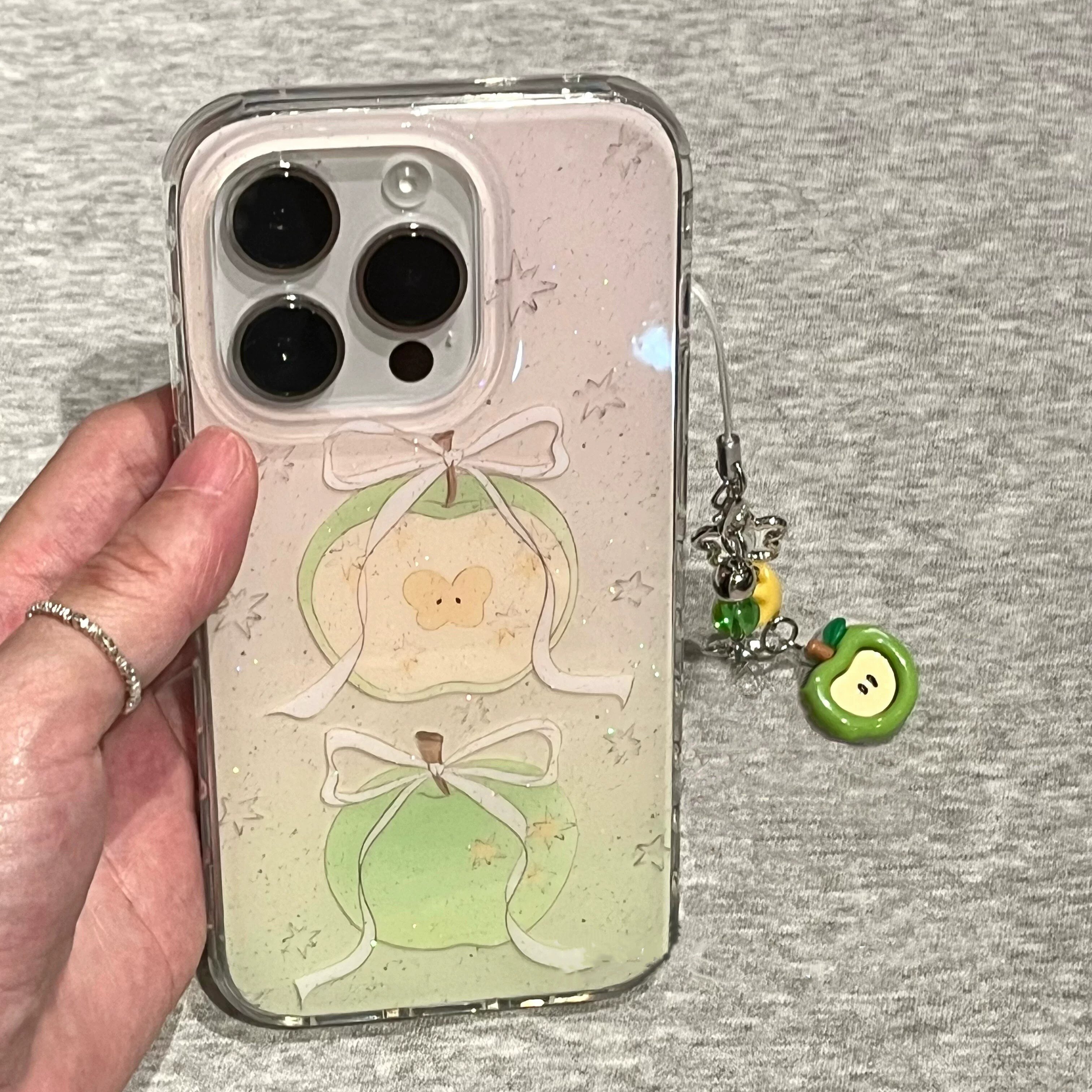 适用苹果系列iPhone17新款手机壳16promax14pro清新感细闪蝴蝶结青苹果15promax13pro半包大孔防摔网红保护套