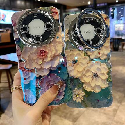 适用华为mate70系列苹果16promax新款手机壳高级优雅牡丹花14pro/15promax全包隐形支架镜头膜时尚保护套