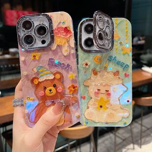 适用苹果系列iPhone16新款手机壳15promax/14promax卡通可爱绵羊13pro16promax银灰色闪粉镜头支架网红保护套