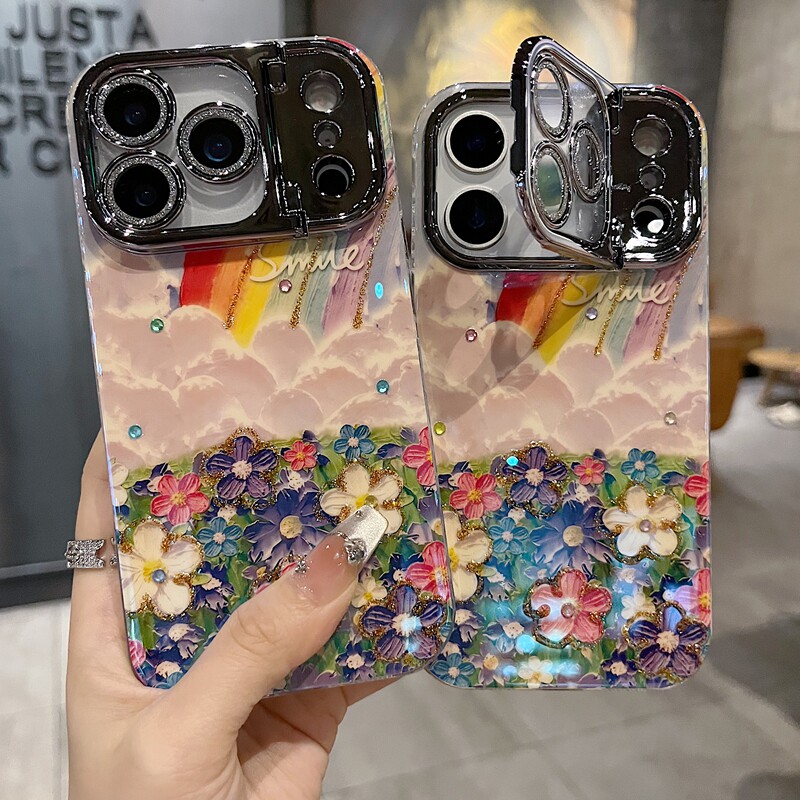 适用苹果系列iPhone17新款手机壳16promax15promax时尚感油画彩虹花海14pro13pro枪色精孔镜头支架网红保护套
