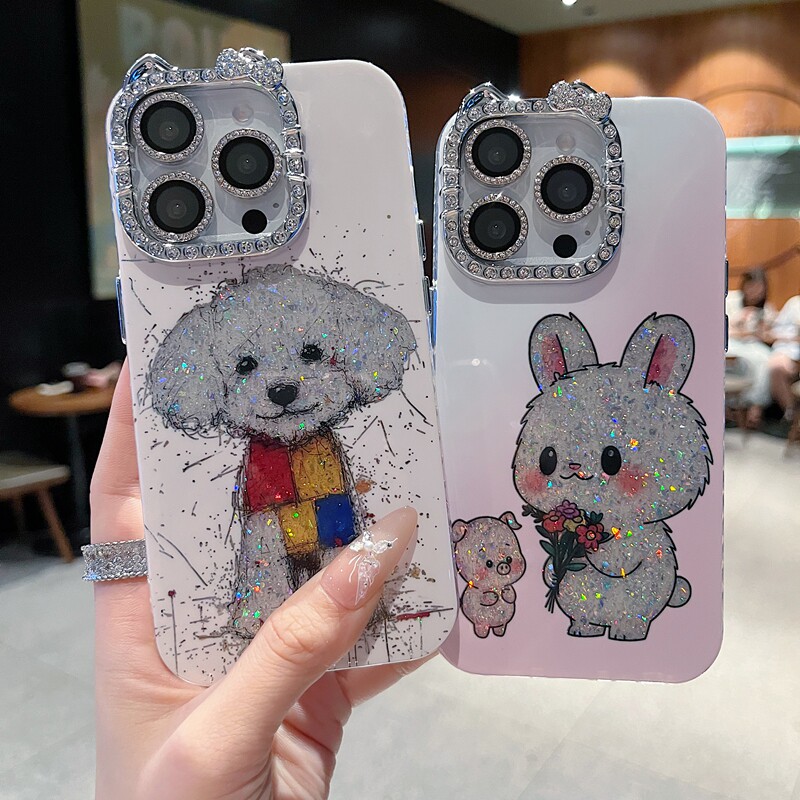 适用苹果系列iPhone16新款手机壳15/14promax小众风卡通害羞兔子13/16promax猫耳型满边钻框闪钻镜头膜保护套