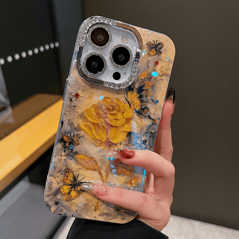 适用苹果系列iPhone15新款手机壳14promax/13pro/12pro高级半钻镜框复古油画黄玫瑰14/13全包防摔网红保护套