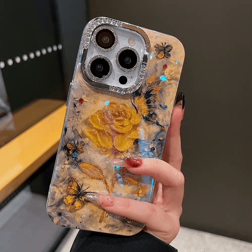 适用苹果系列iPhone15新款手机壳14promax/13pro/12pro高级半钻镜框复古油画黄玫瑰14/13全包防摔网红保护套