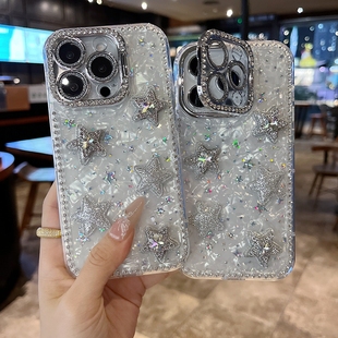 适用苹果系列iPhone 边钻炫彩立体星星16promax全包镜头膜钻框支架网红保护套 16新款 手机壳15pro14promax时尚