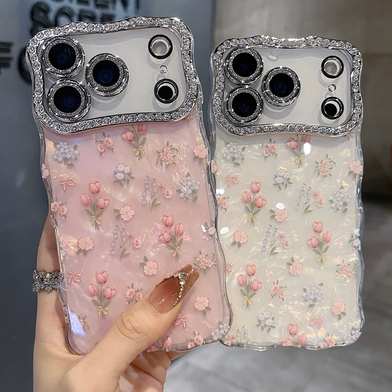 适用苹果系列iPhone17新款手机壳14promax16promax小清新郁金香白底15promax全包满钻精孔镜框扭边网红保护套