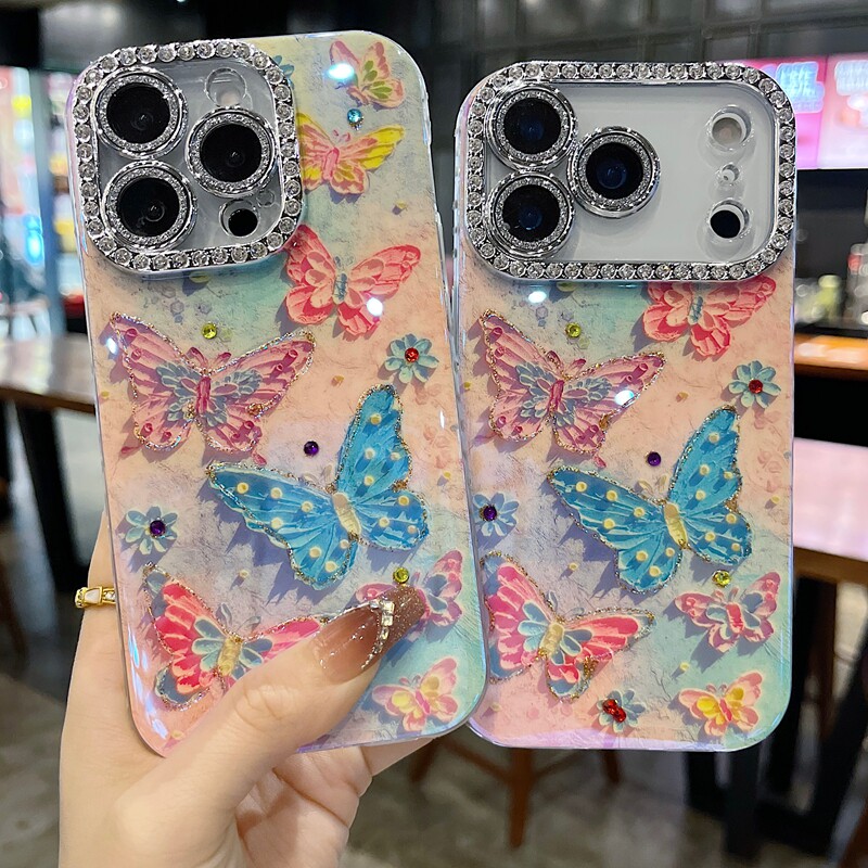 适用苹果系列iPhone17新款手机壳13promax15promax梦幻彩色点点蝴蝶16promax全包满钻精孔镜框网红女款保护套