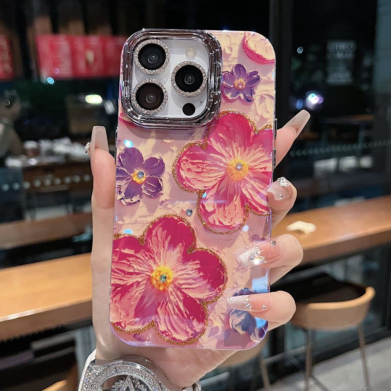 适用苹果系列iPhone16新款手机壳15pro/14promax油画紫颜花朵13pro/16promax大孔支架升级款网红女款保护套