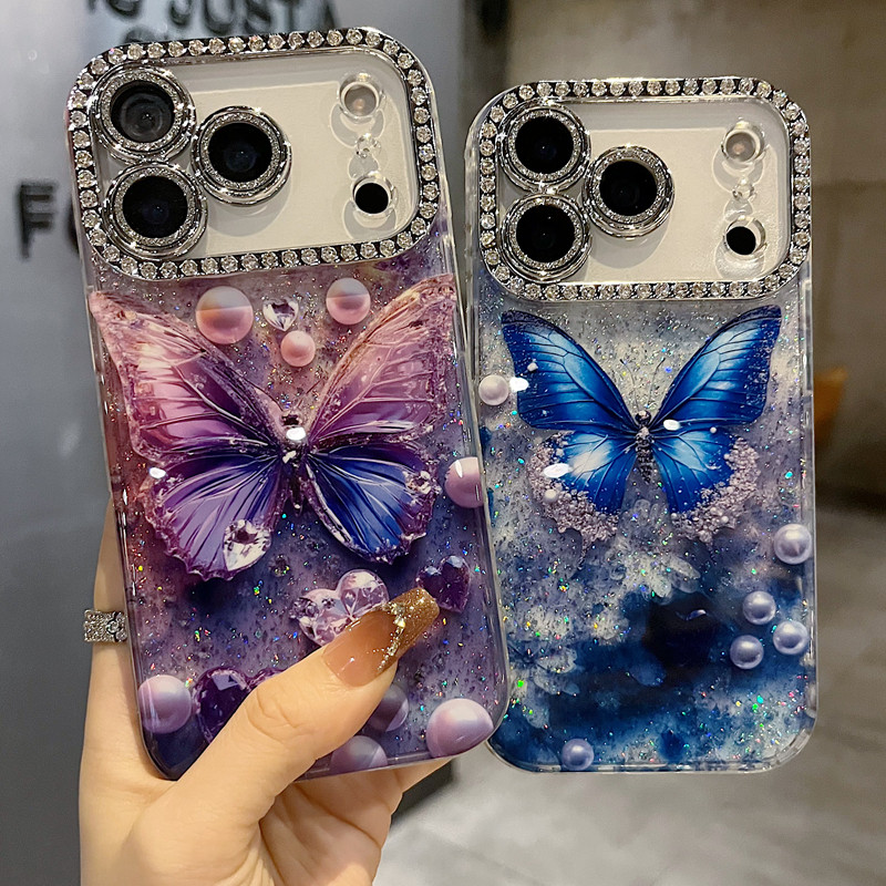 适用苹果系列iPhone17新款手机壳13promax16promax小众爆闪紫蝶15promax全包满钻精孔镜框防摔网红女款保护套