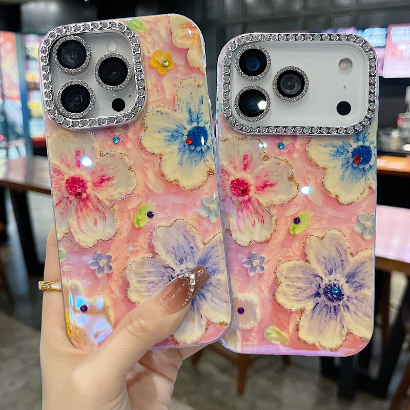 适用苹果系列iPhone 17新款手机壳14promax16promax梦幻花蕊渐变油画花15promax满钻半包大孔ins风女款保护套