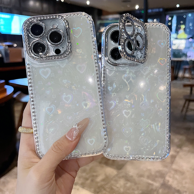 适用苹果系列iPhone16新款手机壳15pro14promax时尚ins边钻炫彩白爱心16promax全包镜头膜钻框支架网红保护套