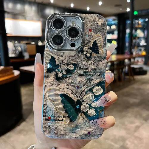 适用苹果系列iPhone15新款壳复古中国风白玫瑰黑蝴蝶防摔全包