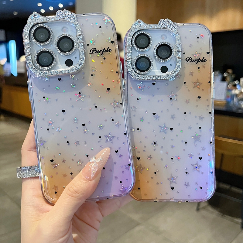 适用苹果系列iPhone16新款手机壳15/14promax时尚ins风渐变波点爱心16promax猫耳型满边钻框闪钻镜头膜保护套