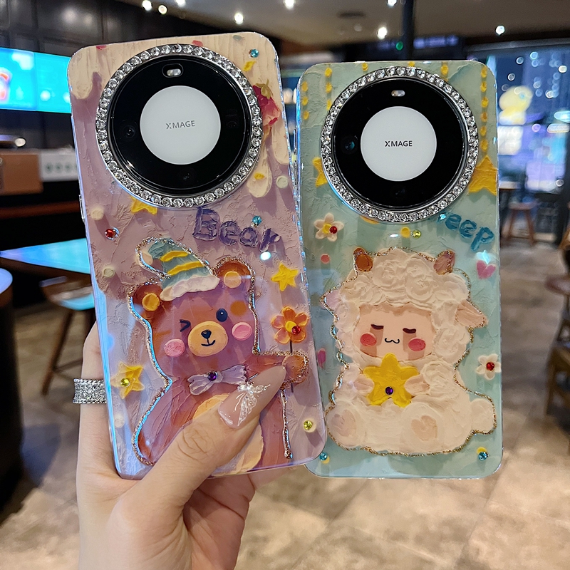 适用华为mate70系列苹果新款手机壳mate60pro可爱ins风卡通熊P70/P70pro全包满钻大孔镜头透气网红女款保护套