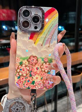 适用苹果系列iPhone16新款手机壳15pro14promax时尚油画花海带挂绳13pro16promax银灰色闪粉镜头膜支架保护套