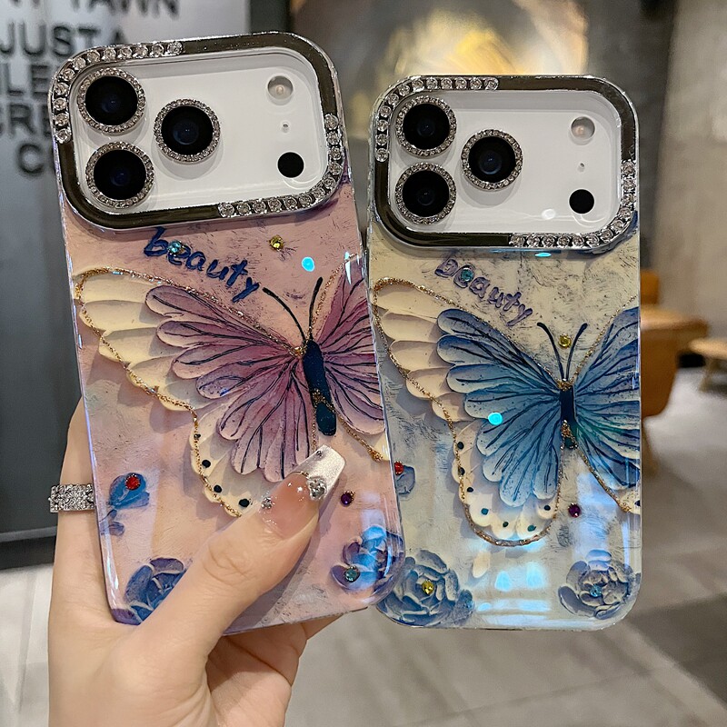 适用苹果系列iPhone17新款手机壳15promax13promax小众时尚蓝白蝴蝶14promax16promax半钻大孔透气网红保护套