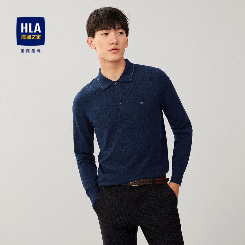 【奥莱清仓】HLA/海澜之家2023Polo领长袖针织衫刺绣打底衫毛衣男