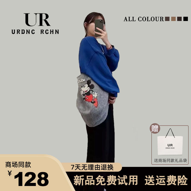 UR韩国羊羔毛绒手提包大容量米奇老鼠卡通印花毛呢单肩斜挎托特包